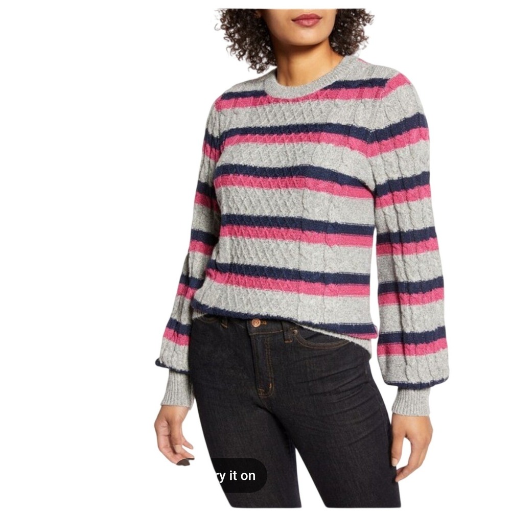Halogen‎ Atlantic-Pacific NEW Striped Cable Knit Metallic Sweater Navy L